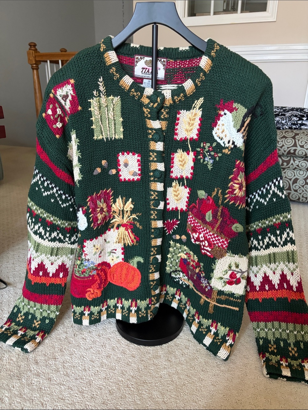Vintage Tiara International Dark Green Patchwork Holiday Cardigan Sweater